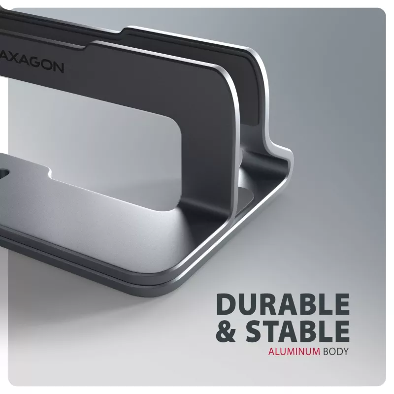 Stojak Axagon STND-VG Aluminium do pionowego wsuwania laptopów 10 inch–17.3 inch. Regulowana szerokość szczeliny 9,5–25,5 mm. Wersja szara.