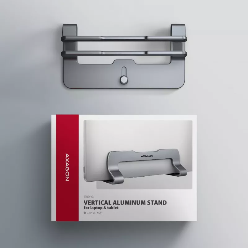 Stojak Axagon STND-VG Aluminium do pionowego wsuwania laptopów 10 inch–17.3 inch. Regulowana szerokość szczeliny 9,5–25,5 mm. Wersja szara.