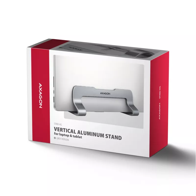Stojak Axagon STND-VG Aluminium do pionowego wsuwania laptopów 10 inch–17.3 inch. Regulowana szerokość szczeliny 9,5–25,5 mm. Wersja szara.