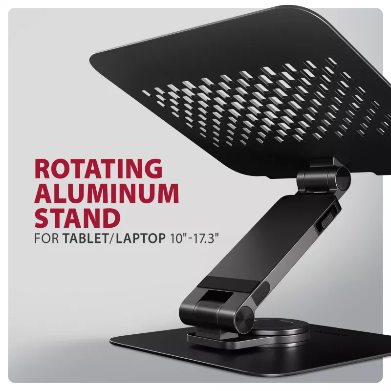 Stojak na laptopa AXAGON STND-LRB — aluminium, obrót 360°, na 10–17,3 cala, regulowana wysokość do 26 cm, pochylenie 0–180°, czarny