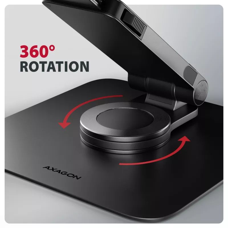 Stojak na laptopa AXAGON STND-LRB — aluminium, obrót 360°, na 10–17,3 cala, regulowana wysokość do 26 cm, pochylenie 0–180°, czarny