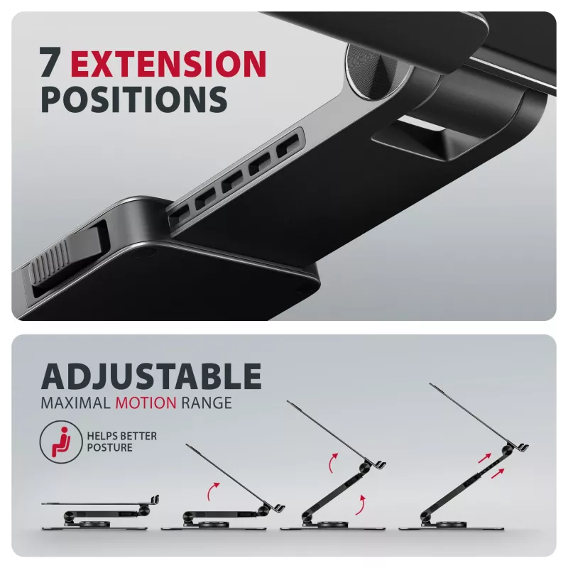 Stojak na laptopa AXAGON STND-LRB — aluminium, obrót 360°, na 10–17,3 cala, regulowana wysokość do 26 cm, pochylenie 0–180°, czarny