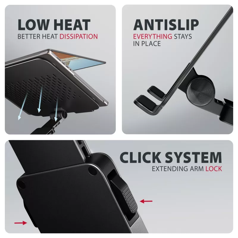 Stojak na laptopa AXAGON STND-LRB — aluminium, obrót 360°, na 10–17,3 cala, regulowana wysokość do 26 cm, pochylenie 0–180°, czarny