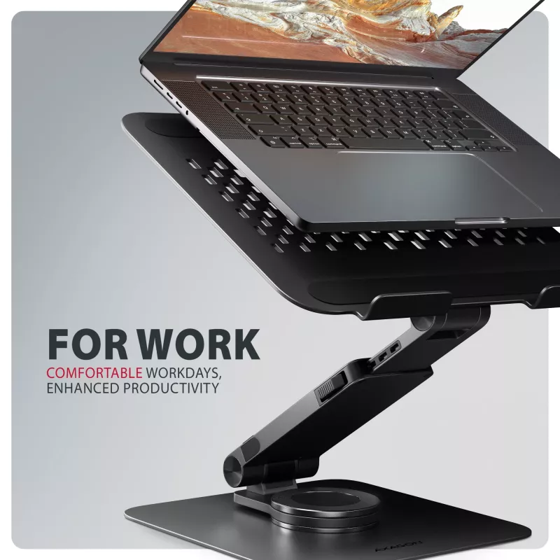 Stojak na laptopa AXAGON STND-LRB — aluminium, obrót 360°, na 10–17,3 cala, regulowana wysokość do 26 cm, pochylenie 0–180°, czarny