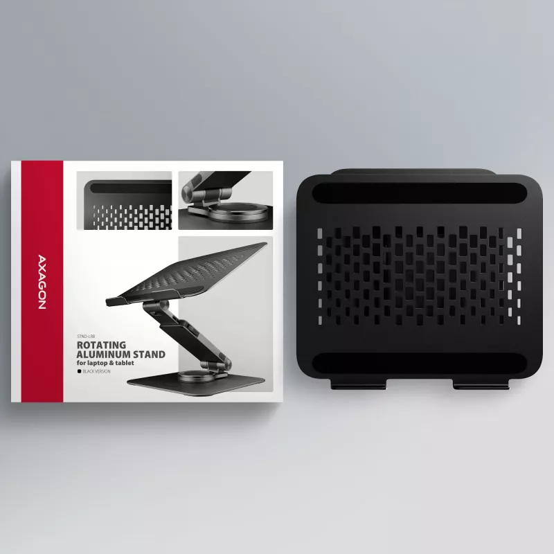 Stojak na laptopa AXAGON STND-LRB — aluminium, obrót 360°, na 10–17,3 cala, regulowana wysokość do 26 cm, pochylenie 0–180°, czarny