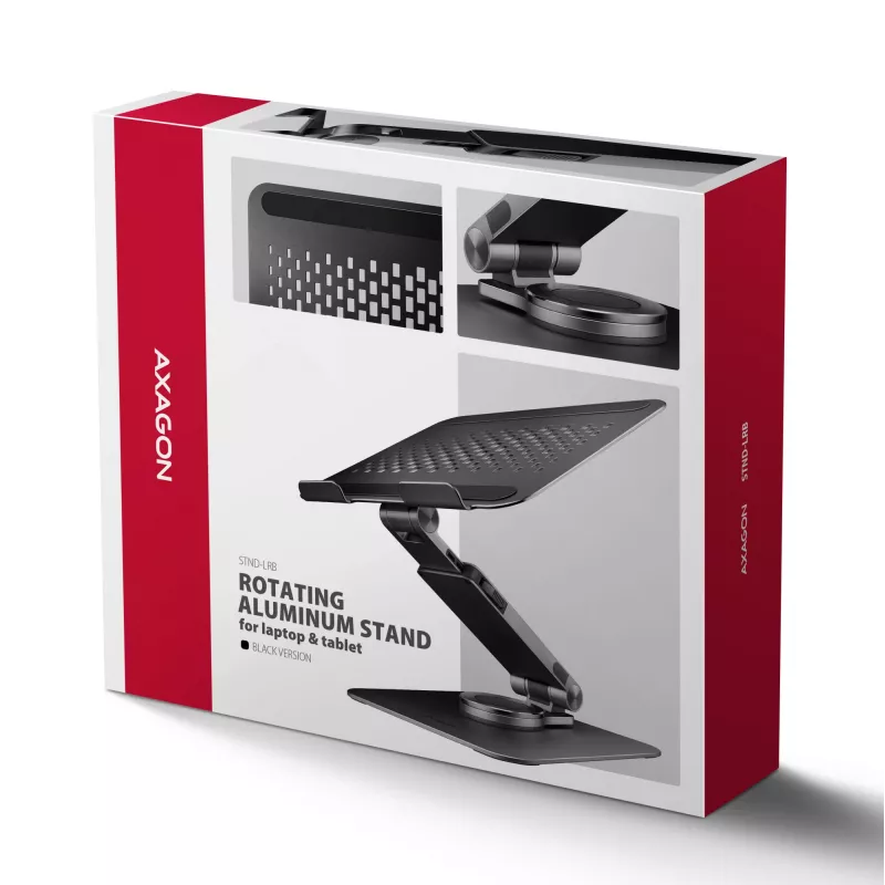 Stojak na laptopa AXAGON STND-LRB — aluminium, obrót 360°, na 10–17,3 cala, regulowana wysokość do 26 cm, pochylenie 0–180°, czarny