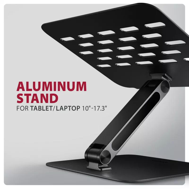 Stojak na laptopa i tablet AXAGON STND-LQB dla 10 cali–17,3 cala, aluminium, czarny, regulowana wysokość 0–20,5 cm i nachylenie 0–180°