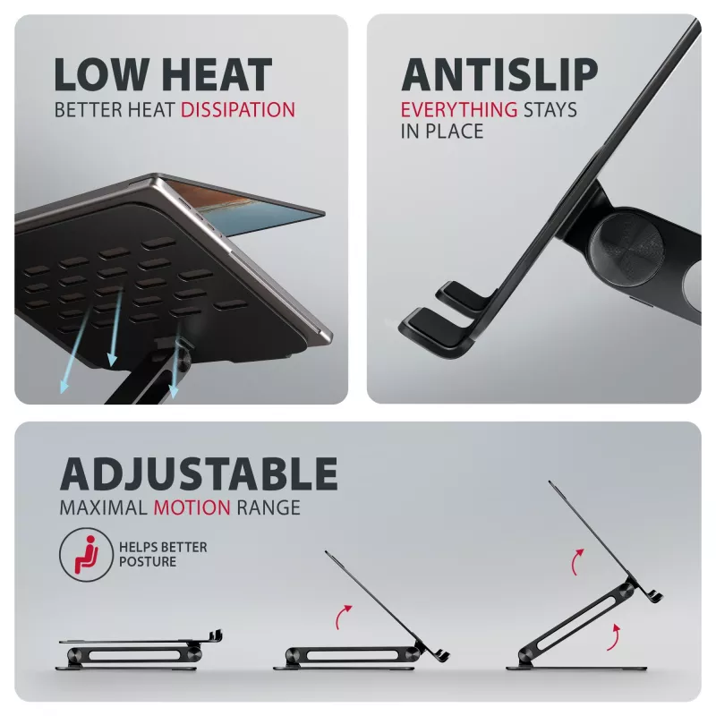 Stojak na laptopa i tablet AXAGON STND-LQB dla 10 cali–17,3 cala, aluminium, czarny, regulowana wysokość 0–20,5 cm i nachylenie 0–180°