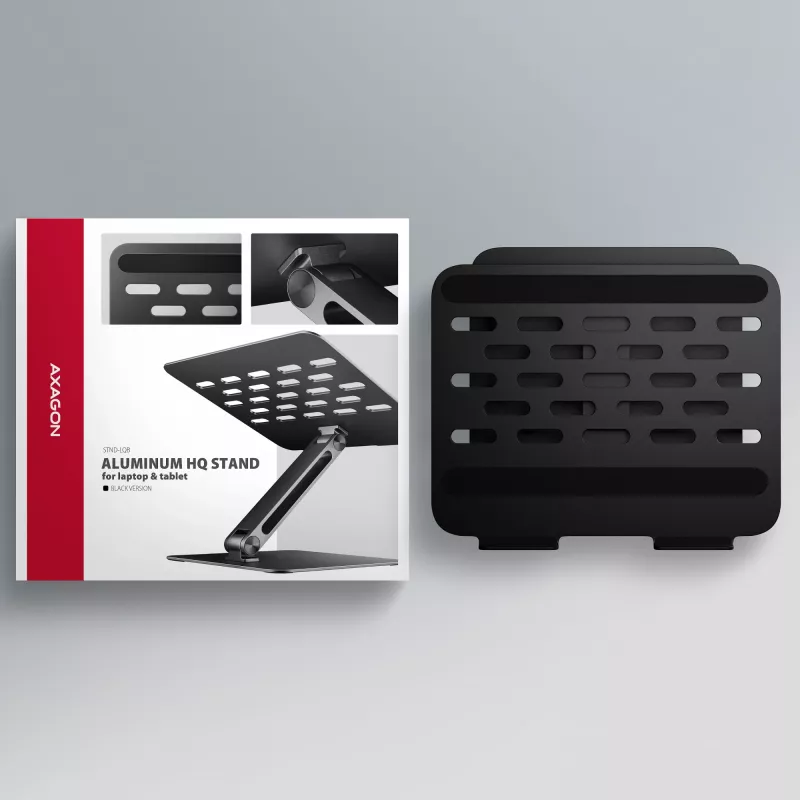 Stojak na laptopa i tablet AXAGON STND-LQB dla 10 cali–17,3 cala, aluminium, czarny, regulowana wysokość 0–20,5 cm i nachylenie 0–180°