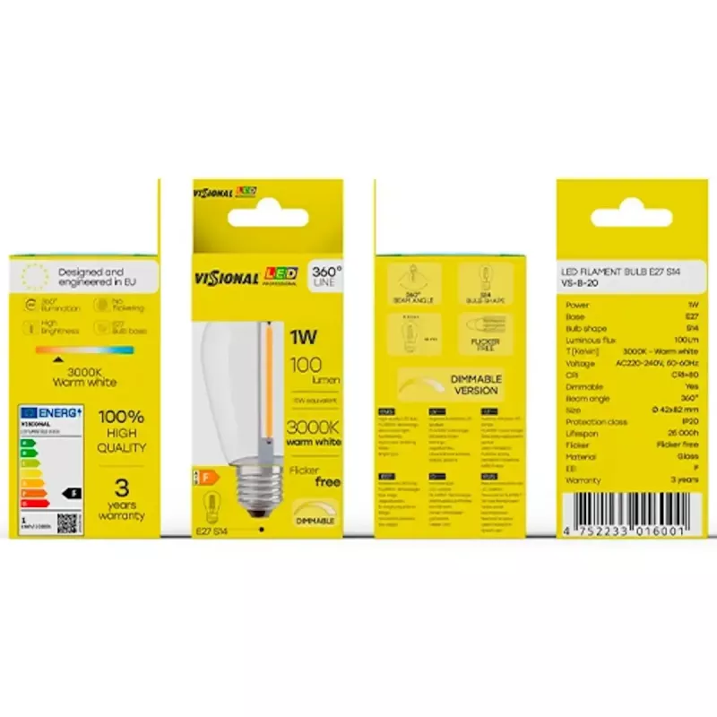 Żarówka LED VISIONAL VS-B-20 1W 100 lm 3000K, klasa energetyczna F