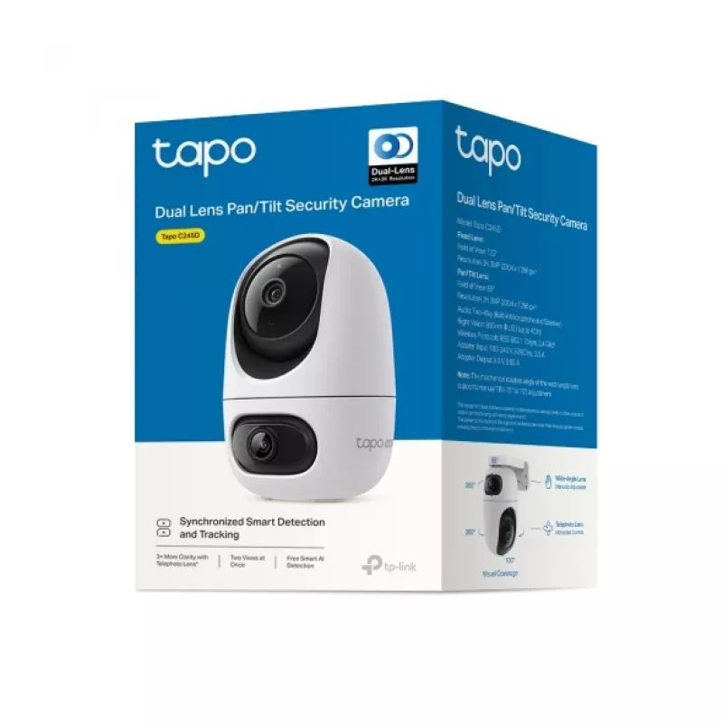 Kamera bezpieczeństwa IP TP-Link Tapo C245D 2304×1296, obiektyw 3,1 mm, 104,3° w poziomie, montaż sufitowy/ścienny, bezprzewodowa, wewnętrzna, biała