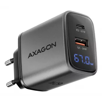 Ładowarka ścienna AXAGON ACU-PQ67D, 67W, USB-C PD3.0 + USB-A QC4+, 2 wyjścia, wyświetlacz LCD, 100–240V