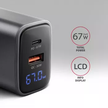 Ładowarka ścienna AXAGON ACU-PQ67D, 67W, USB-C PD3.0 + USB-A QC4+, 2 wyjścia, wyświetlacz LCD, 100–240V