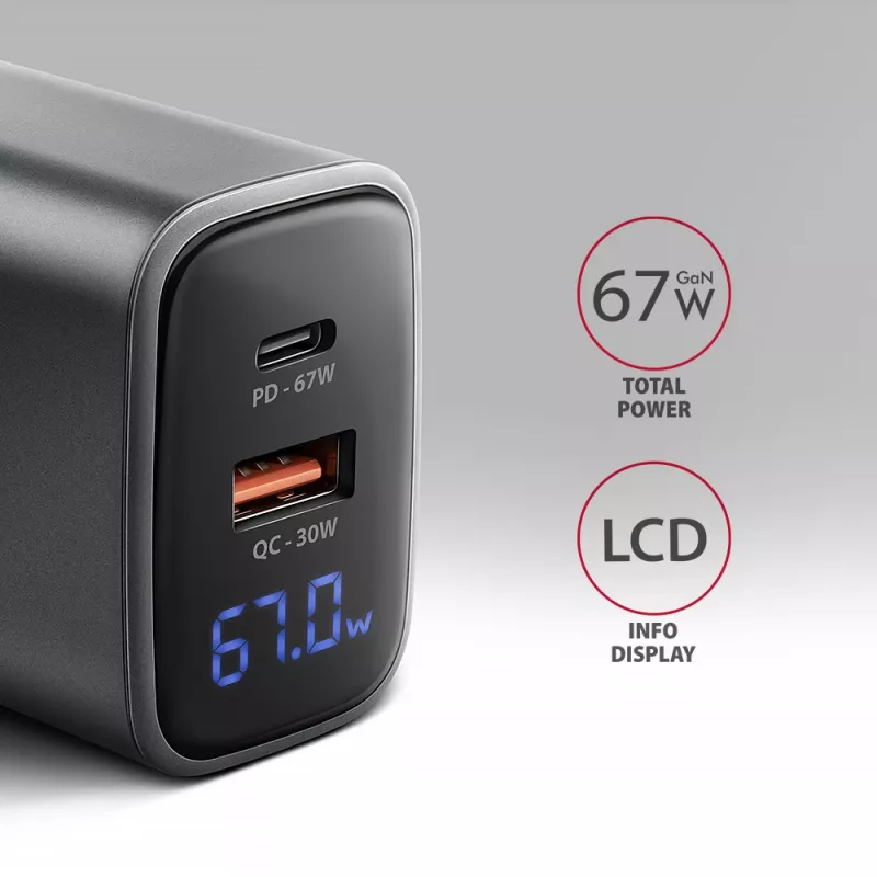 Ładowarka ścienna AXAGON ACU-PQ67D, 67W, USB-C PD3.0 + USB-A QC4+, 2 wyjścia, wyświetlacz LCD, 100–240V