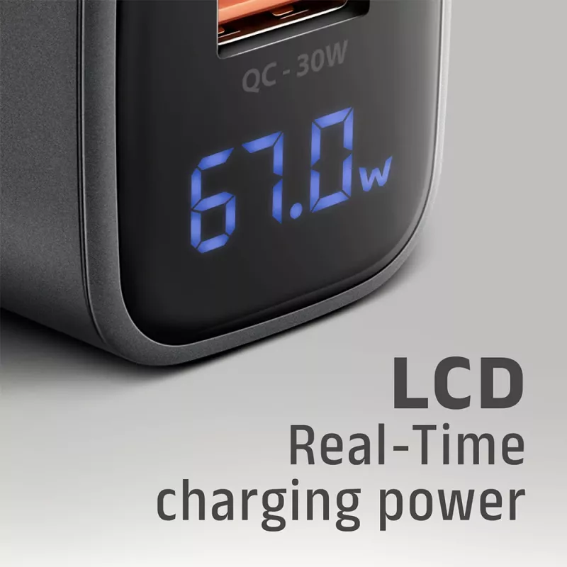 Ładowarka ścienna AXAGON ACU-PQ67D, 67W, USB-C PD3.0 + USB-A QC4+, 2 wyjścia, wyświetlacz LCD, 100–240V