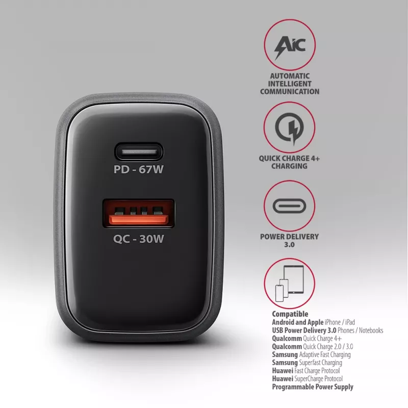 Ładowarka ścienna AXAGON ACU-PQ67D, 67W, USB-C PD3.0 + USB-A QC4+, 2 wyjścia, wyświetlacz LCD, 100–240V