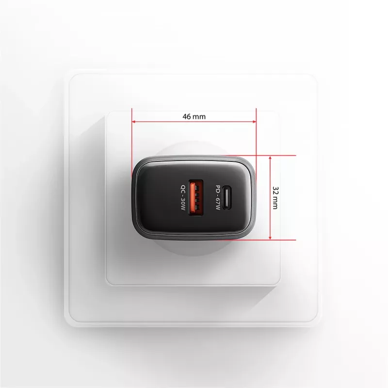 Ładowarka ścienna AXAGON ACU-PQ67D, 67W, USB-C PD3.0 + USB-A QC4+, 2 wyjścia, wyświetlacz LCD, 100–240V
