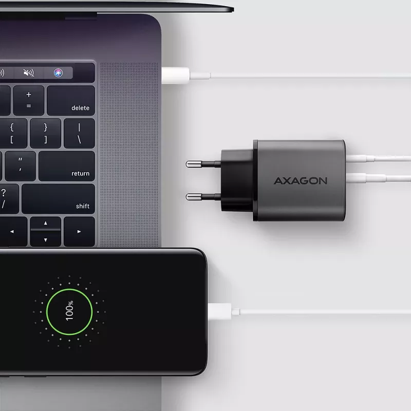 Ładowarka ścienna AXAGON ACU-PQ67D, 67W, USB-C PD3.0 + USB-A QC4+, 2 wyjścia, wyświetlacz LCD, 100–240V