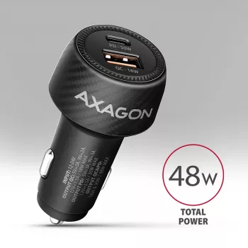 Ładowarka samochodowa AXAGON PWC-PQ48, 48W, USB-C (PD3.0) + USB-A (QC4+), wejście 12–24V, czarna