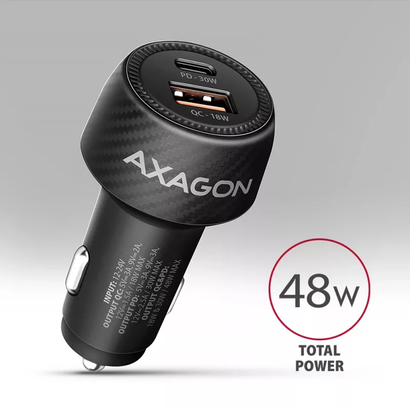 Ładowarka samochodowa AXAGON PWC-PQ48, 48W, USB-C (PD3.0) + USB-A (QC4+), wejście 12–24V, czarna