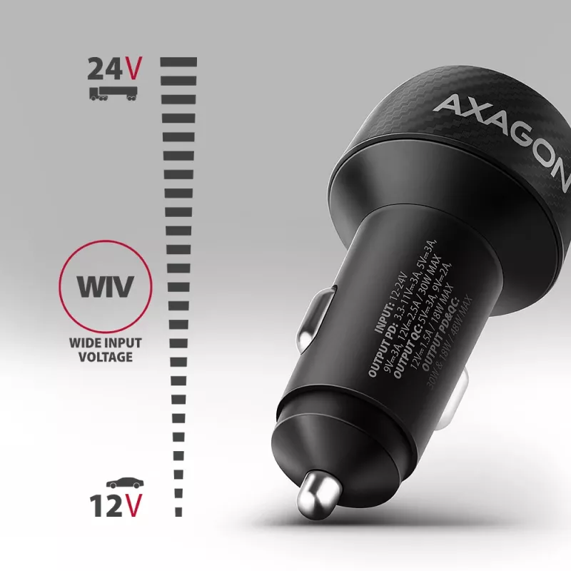 Ładowarka samochodowa AXAGON PWC-PQ48, 48W, USB-C (PD3.0) + USB-A (QC4+), wejście 12–24V, czarna