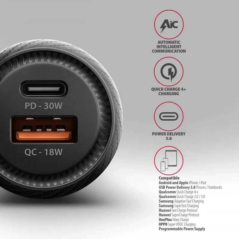 Ładowarka samochodowa AXAGON PWC-PQ48, 48W, USB-C (PD3.0) + USB-A (QC4+), wejście 12–24V, czarna