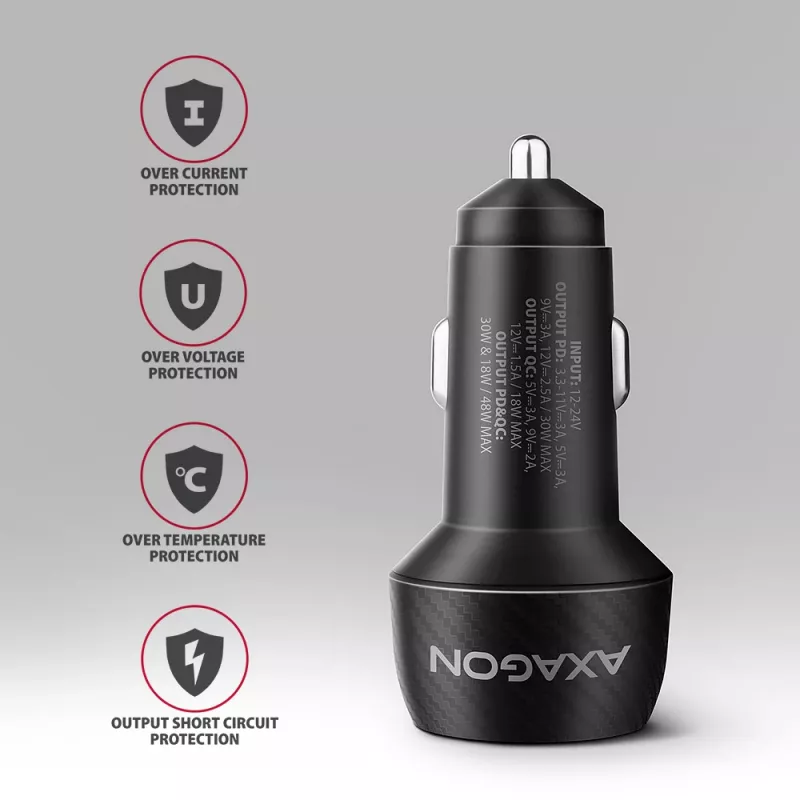 Ładowarka samochodowa AXAGON PWC-PQ48, 48W, USB-C (PD3.0) + USB-A (QC4+), wejście 12–24V, czarna