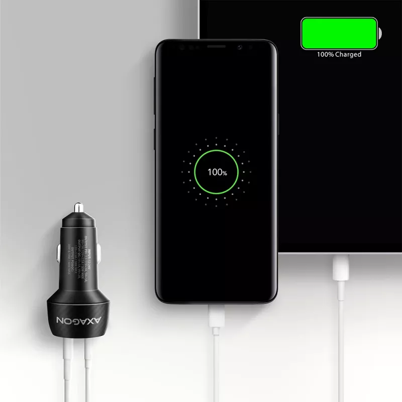 Ładowarka samochodowa AXAGON PWC-PQ48, 48W, USB-C (PD3.0) + USB-A (QC4+), wejście 12–24V, czarna