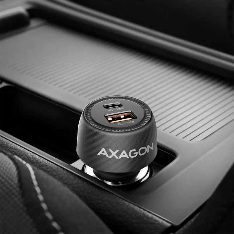 Ładowarka samochodowa AXAGON PWC-PQ48, 48W, USB-C (PD3.0) + USB-A (QC4+), wejście 12–24V, czarna