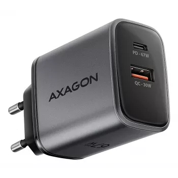 Ładowarka ścienna AXAGON ACU-PQ67, 67W, PD3.0 + QC4+, 1x USB-C + 1x USB-A, 100–240 V, szary/czarny