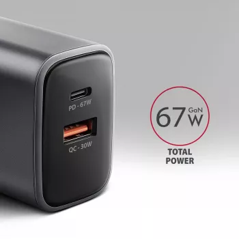 Ładowarka ścienna AXAGON ACU-PQ67, 67W, PD3.0 + QC4+, 1x USB-C + 1x USB-A, 100–240 V, szary/czarny