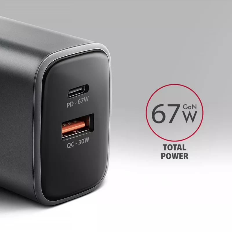 Ładowarka ścienna AXAGON ACU-PQ67, 67W, PD3.0 + QC4+, 1x USB-C + 1x USB-A, 100–240 V, szary/czarny