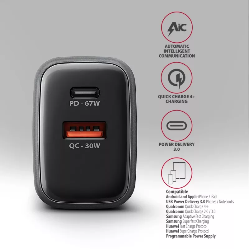 Ładowarka ścienna AXAGON ACU-PQ67, 67W, PD3.0 + QC4+, 1x USB-C + 1x USB-A, 100–240 V, szary/czarny