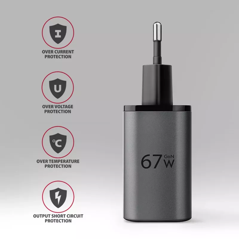 Ładowarka ścienna AXAGON ACU-PQ67, 67W, PD3.0 + QC4+, 1x USB-C + 1x USB-A, 100–240 V, szary/czarny