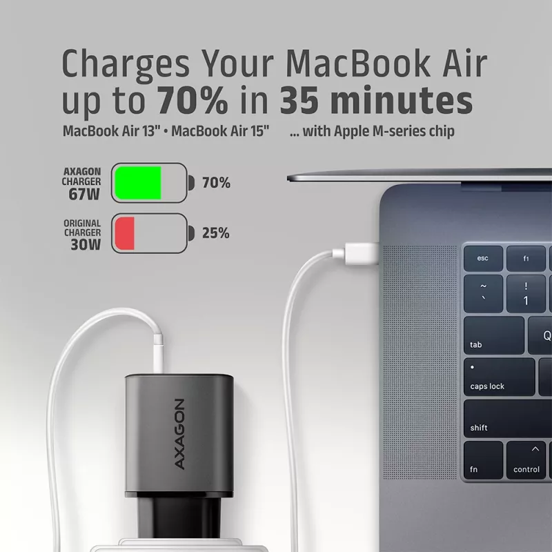 Ładowarka ścienna AXAGON ACU-PQ67, 67W, PD3.0 + QC4+, 1x USB-C + 1x USB-A, 100–240 V, szary/czarny