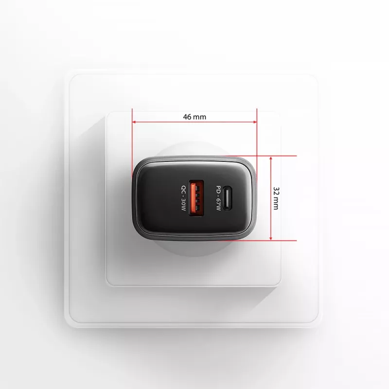 Ładowarka ścienna AXAGON ACU-PQ67, 67W, PD3.0 + QC4+, 1x USB-C + 1x USB-A, 100–240 V, szary/czarny