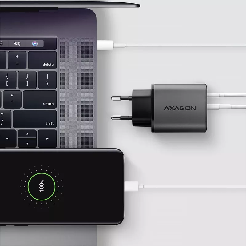 Ładowarka ścienna AXAGON ACU-PQ67, 67W, PD3.0 + QC4+, 1x USB-C + 1x USB-A, 100–240 V, szary/czarny