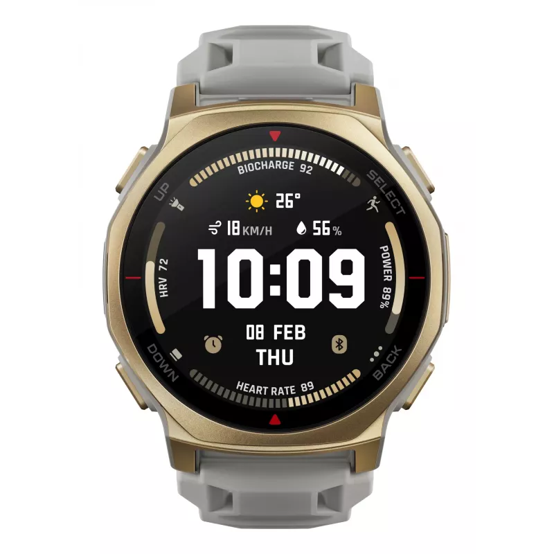 Smartwatch Amazfit T-rex 3 Pro 44 mm, 1.32 cala AMOLED 466×466, 16 GB, 64 MB RAM, GPS, Wi‑Fi, wodoszczelny 45 m, złota koperta, szary pasek silikonowy