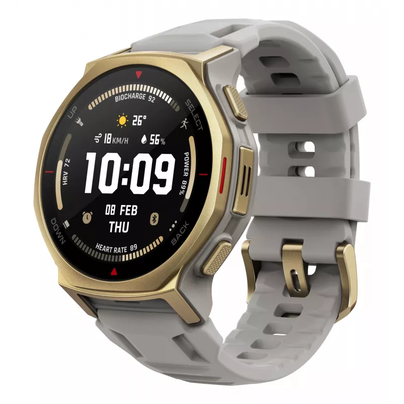 Smartwatch Amazfit T-rex 3 Pro 44 mm, 1.32 cala AMOLED 466×466, 16 GB, 64 MB RAM, GPS, Wi‑Fi, wodoszczelny 45 m, złota koperta, szary pasek silikonowy