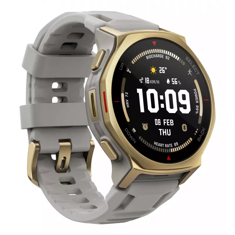 Smartwatch Amazfit T-rex 3 Pro 44 mm, 1.32 cala AMOLED 466×466, 16 GB, 64 MB RAM, GPS, Wi‑Fi, wodoszczelny 45 m, złota koperta, szary pasek silikonowy