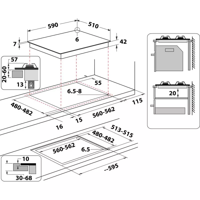 Whirlpool AKT 625/WH Czarny, Biały Do zabudowy 60 cm Gazowy 4 stref(y)