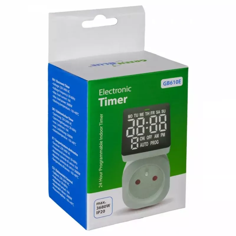 Cyfrowy włącznik czasowy GreenBlue GB610E, maks. obciążenie 16A, IP20, programowalne cykle włącz/wyłącz