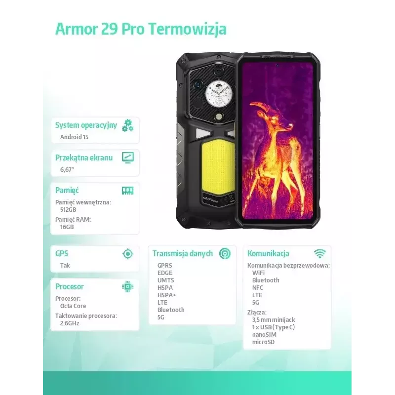UleFone Smartphone Armor 29 Pro Thermal 5G 16/512GB wytrzymały smartfon z kamerą termowizyjną, 16 GB RAM, 512 GB pamięci