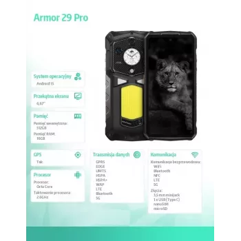 Smartfon UleFone Armor 29 Pro 5G 16/512GB Czarny, wytrzymały 5G, 16GB RAM, 512GB pamięci