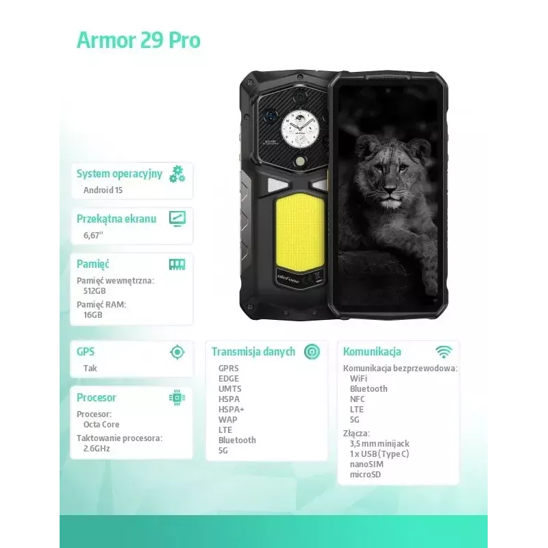 Smartfon UleFone Armor 29 Pro 5G 16/512GB Czarny, wytrzymały 5G, 16GB RAM, 512GB pamięci