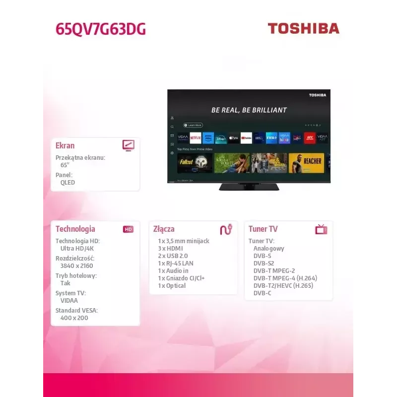 Toshiba Telewizor QLED 65 cali 65QV7G63DG, ekran 65 cali