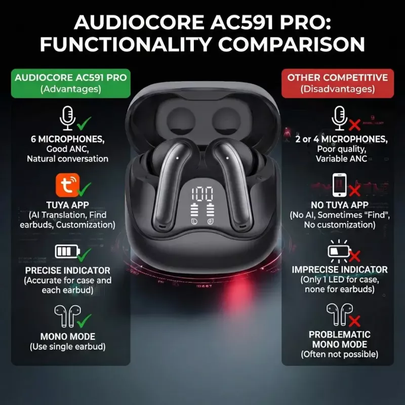 Bezprzewodowe słuchawki douszne Audiocore AC591 PRO — hybrydowy ANC, ENC, 6 mikrofonów, ładowanie USB‑C, do 9h odtwarzania, kompatybilne z Tuya, czarne