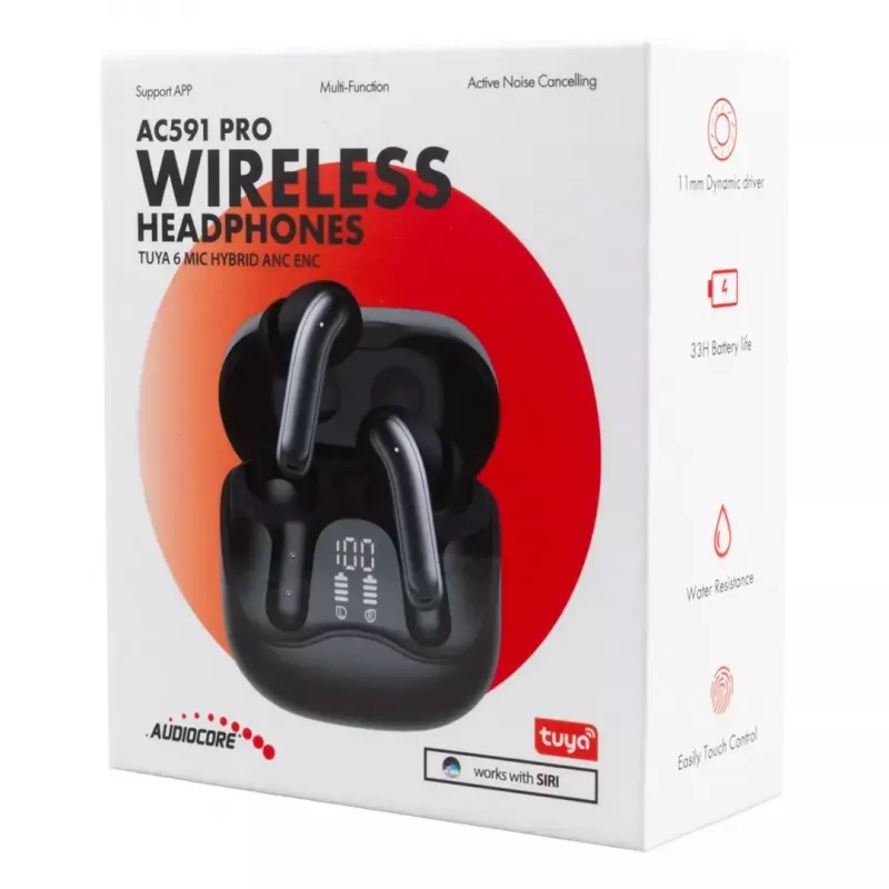 Bezprzewodowe słuchawki douszne Audiocore AC591 PRO — hybrydowy ANC, ENC, 6 mikrofonów, ładowanie USB‑C, do 9h odtwarzania, kompatybilne z Tuya, czarne
