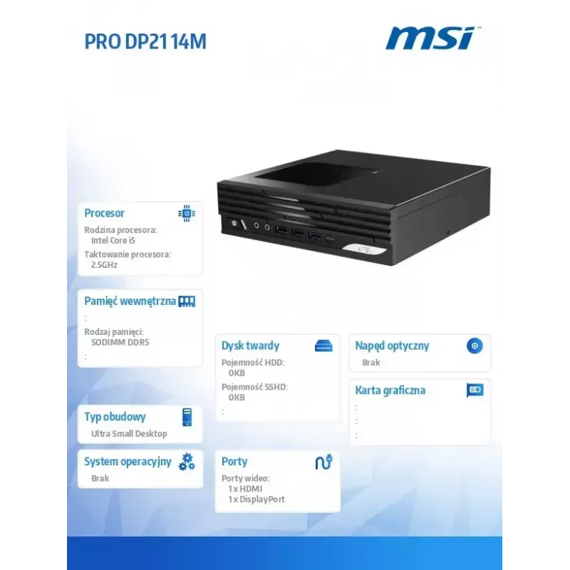 Komputer stacjonarny MSI PRO DP21 14M-243BEU — Intel Core i5-14400, Wi‑Fi, Bluetooth, czarny