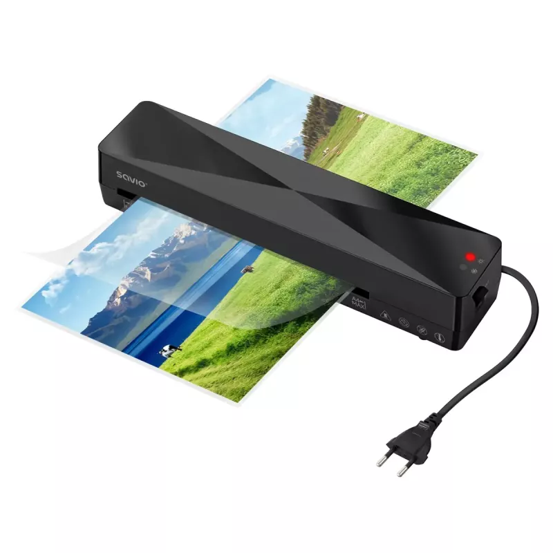 Laminator na zimno/gorąco SAVIO LR-01/B — maks. szerokość laminowania 230 mm, 320 mm/min, 300 W, czarny